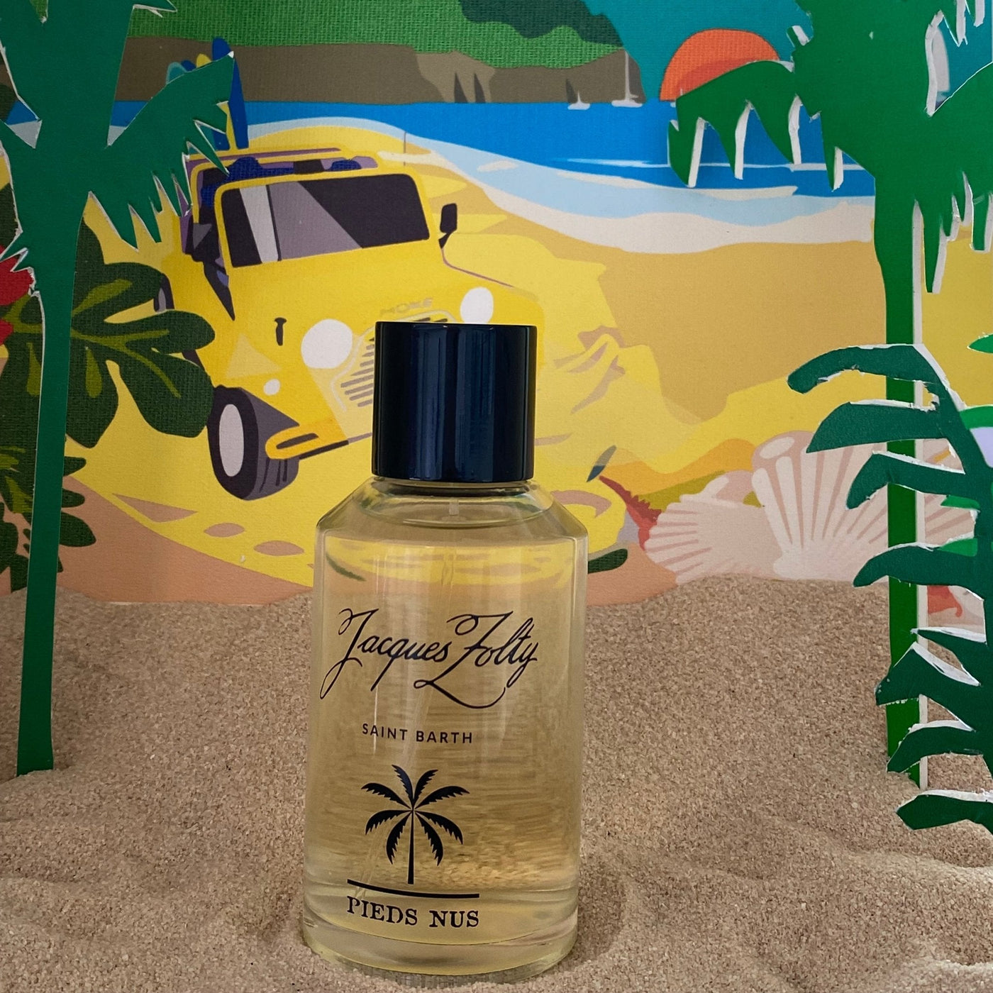 Pieds Nus fragrance bottle with illustrated island scene